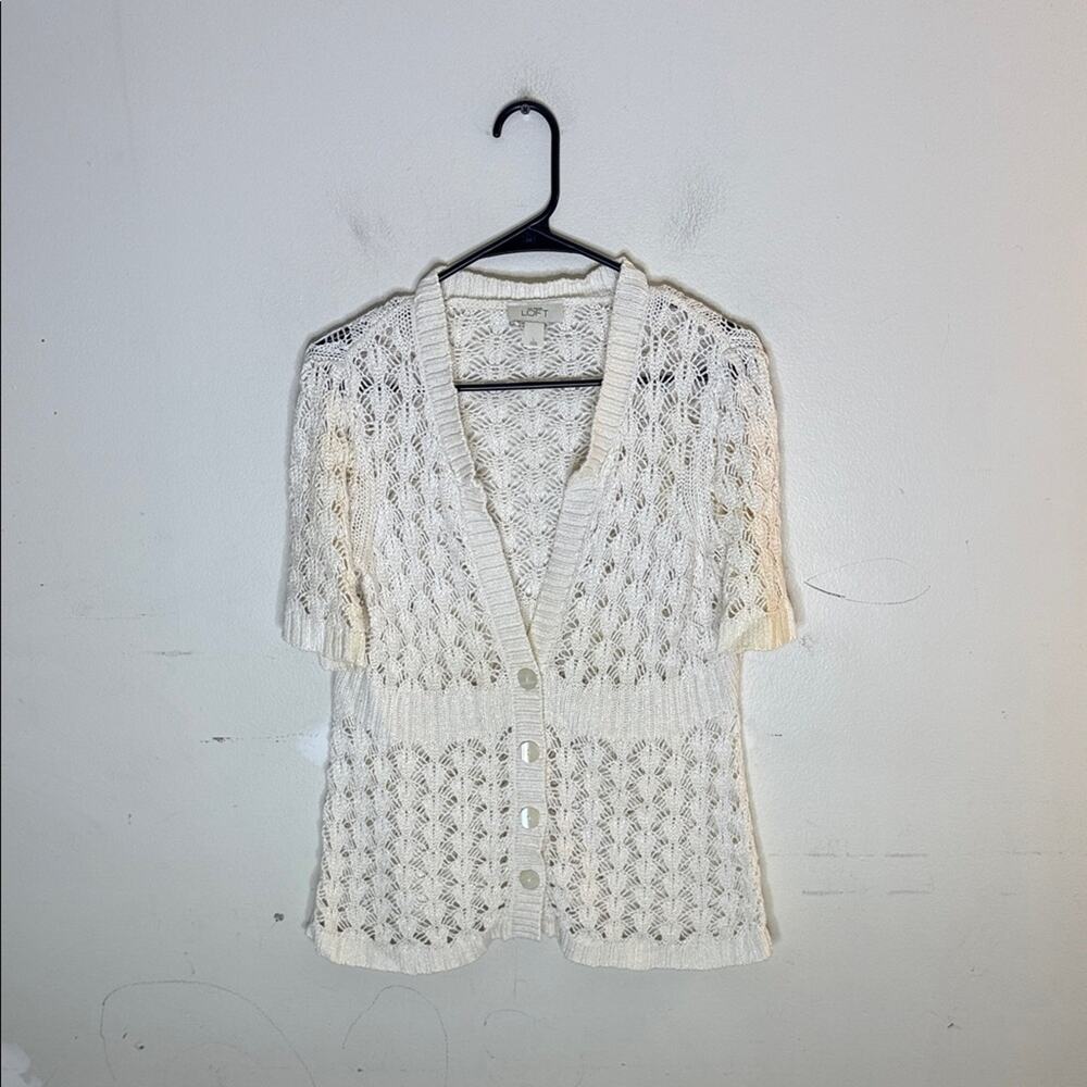 LOFT Cream Knit Women's Short Sleeve Button Front Cardigan Size Large